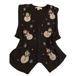 Vintage Victoria Jones Woman Black Holiday Snowman Beaded Knit Vest 2X
